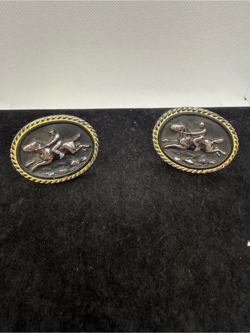 Vintage Hickok USA Rhodium Plated Horse & Rider Oval Cufflinks Equestrian